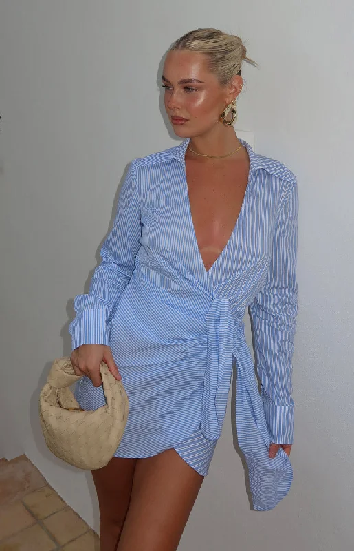 Women's mini dress blaze pop -Holly Blue Stripe Tie Up Shirt Mini Dress