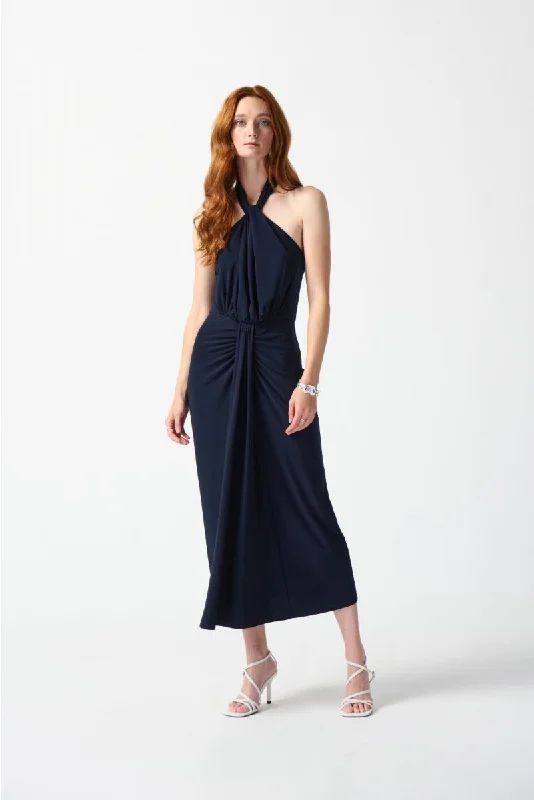 Women's maxi dress petal flair -Joseph Ribkoff Midnight Blue Halter Neck Backless Blouson Maxi Dress 242071