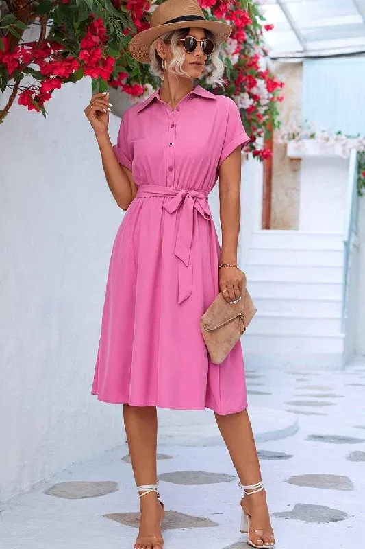 ladies-flared-dress-travel-tide-ROLL UP SLEEVE TIED WAIST FLARE SHIRTS DRESS