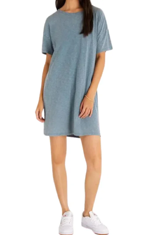 Women's shirt dress raw chic -Relaxed T-Shirt Dress In Caribbean Blue