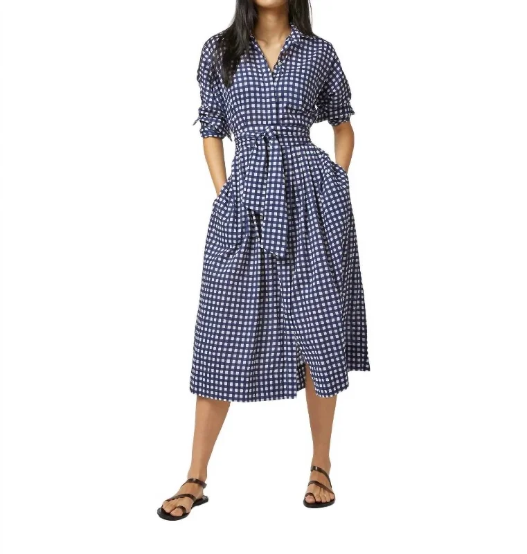 Women's shirt dress wing pop -Kimono Shirtwaist Dress In Navy/ Ivory Gingham Seersucker