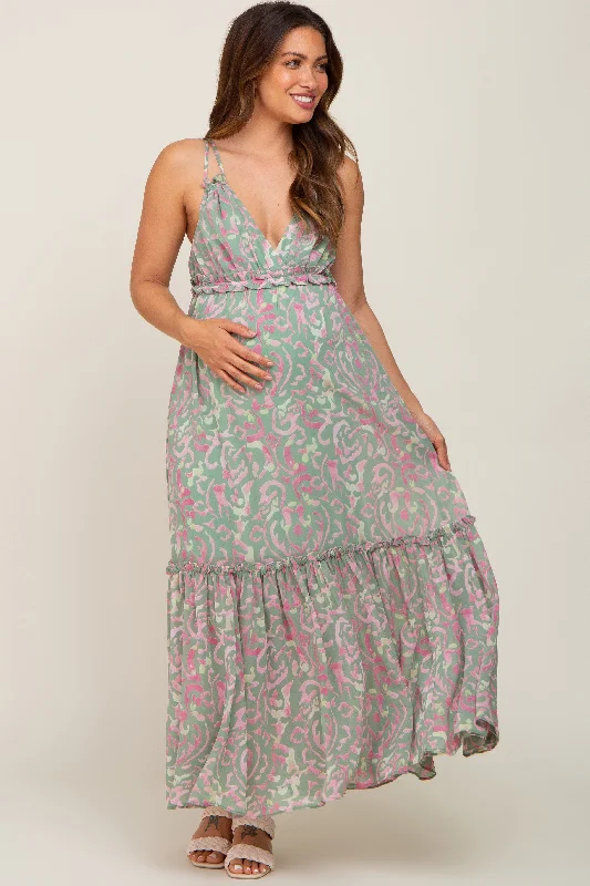 Women's maxi dress swirl chic -Light Olive Chiffon V-Neck Ruffle Tiered Maternity Maxi Dress