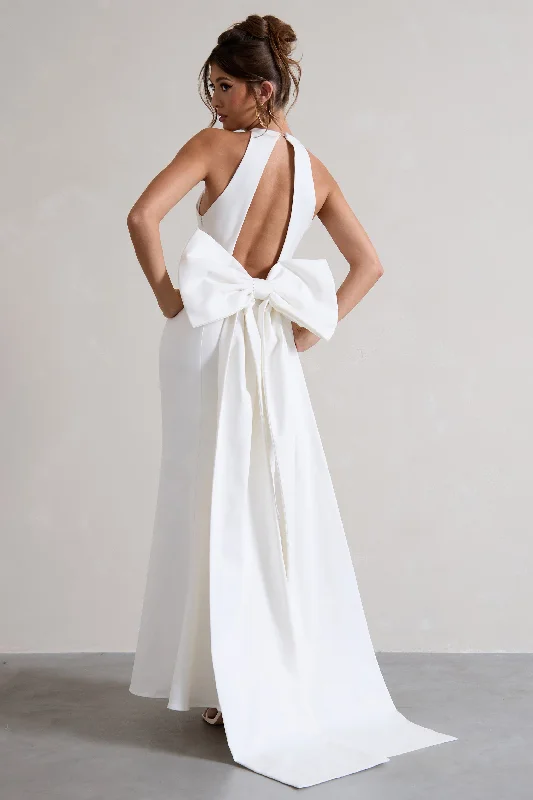 Women's maxi dress web flair -Bestow | White Open-Back Maxi Dress With Oversized White Bow