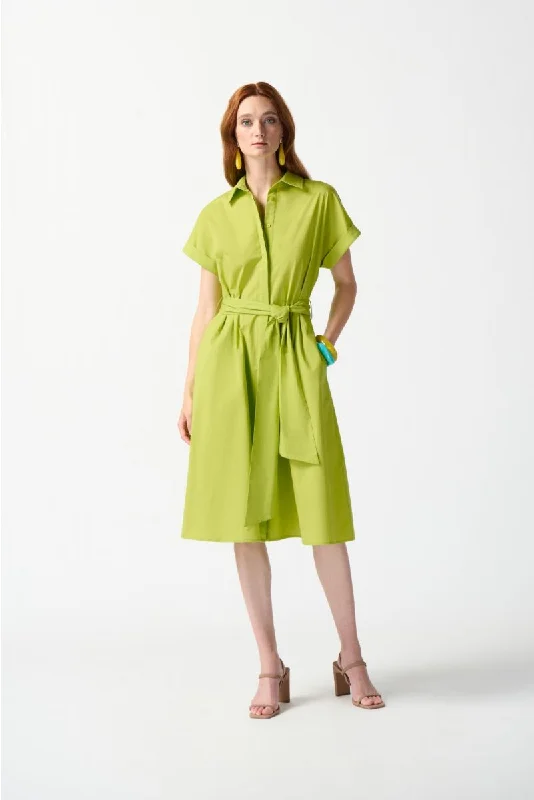 ladies-flared-dress-bold-bloom-Joseph Ribkoff Key Lime Collared Short Sleeve Fit & Flare Shirt Dress 242914