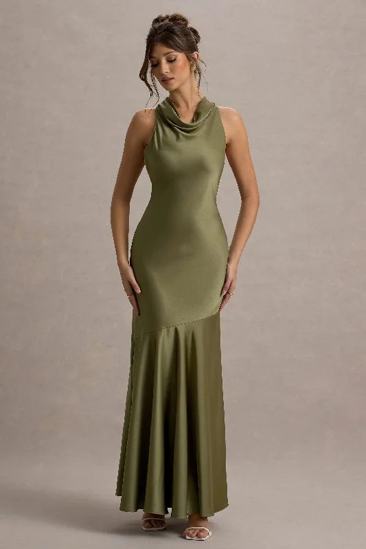 Women's maxi dress hot glow -Amelita | Khaki Satin Cowl-Neck Fishtail Maxi Dress