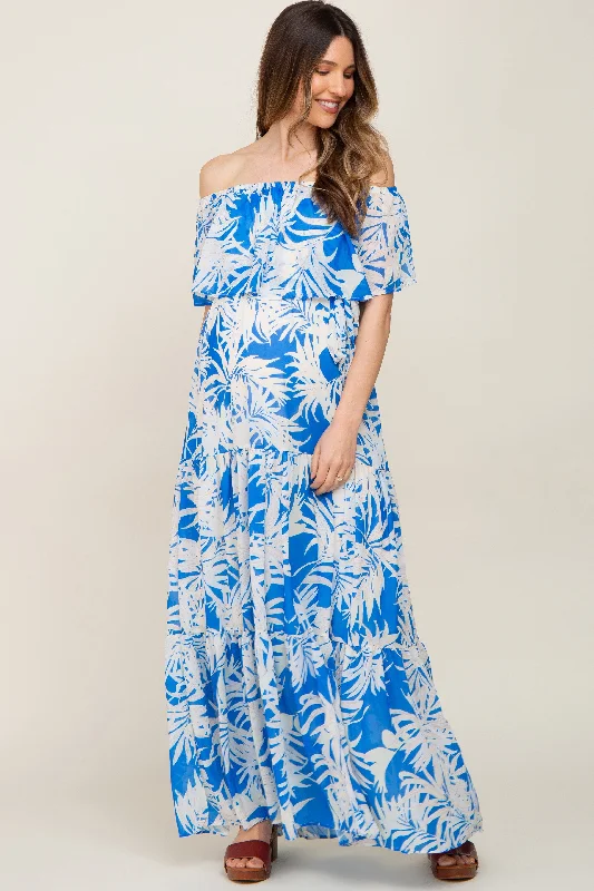 Women's maxi dress date chic -Blue Leaf Print Strapless Tiered Maternity Maxi Dress