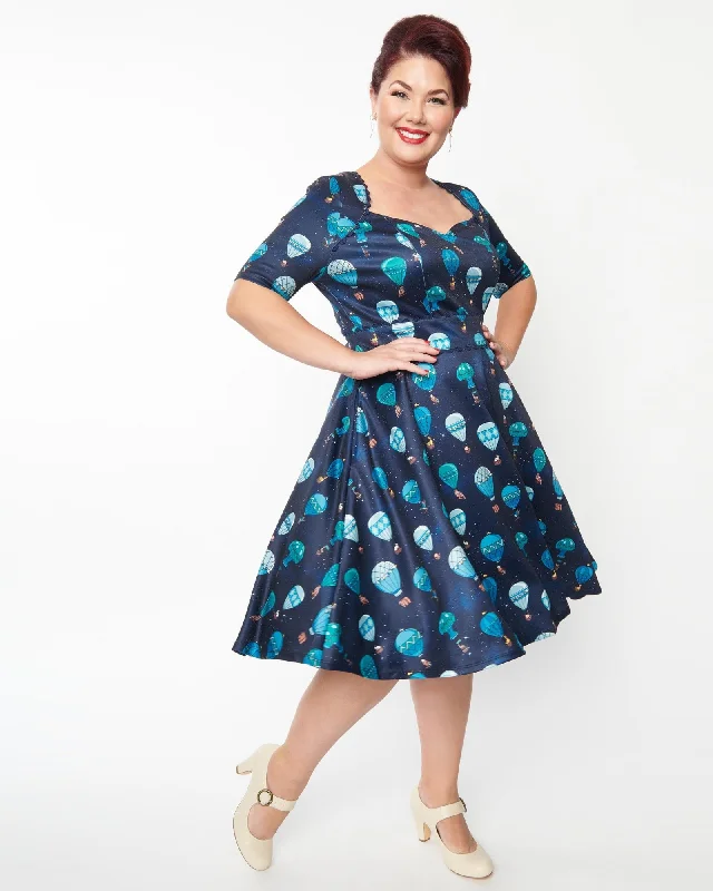 ladies-flared-dress-sequin-spark-Unique Vintage Navy & Hot Air Balloon Bolero Flare Dress | Blue