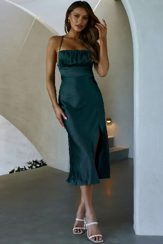 ladies-midi-dress-ochre-opulence-Lakoda Gathered Bust Bow Tie Back Midi Dress Forest Green