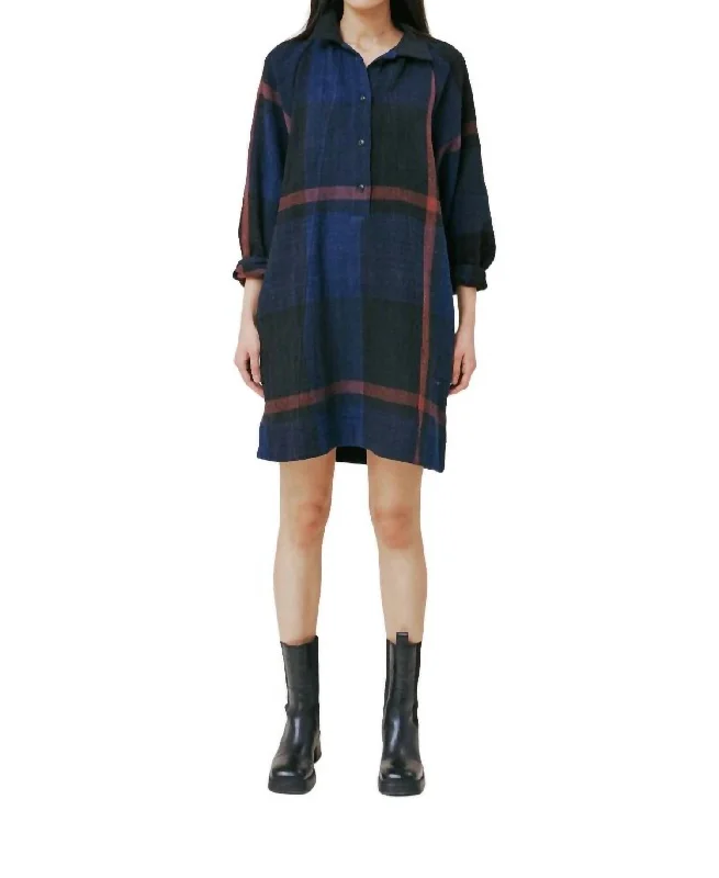 Women's shirt dress net chic -Hilma Shirt Dress In Navy Cotton Plaid