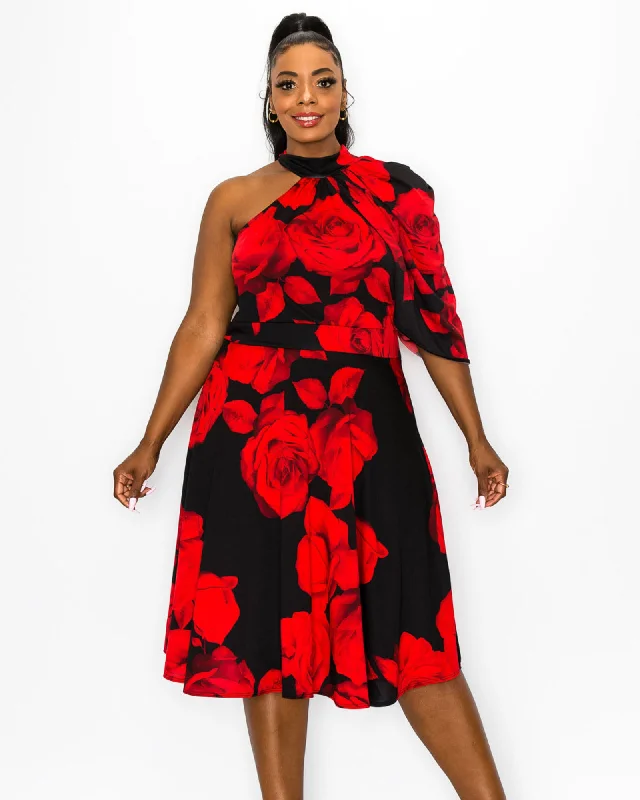 ladies-flared-dress-breathable-bloom-Cavalli Floral Flare Dress | Black/Red