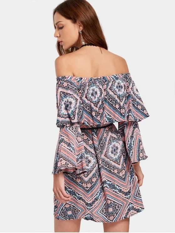 ladies-flared-dress-navy-nimbus-TastyHottie - Stunning Tribal Print Flounce Flare Sleeve Belted Dress