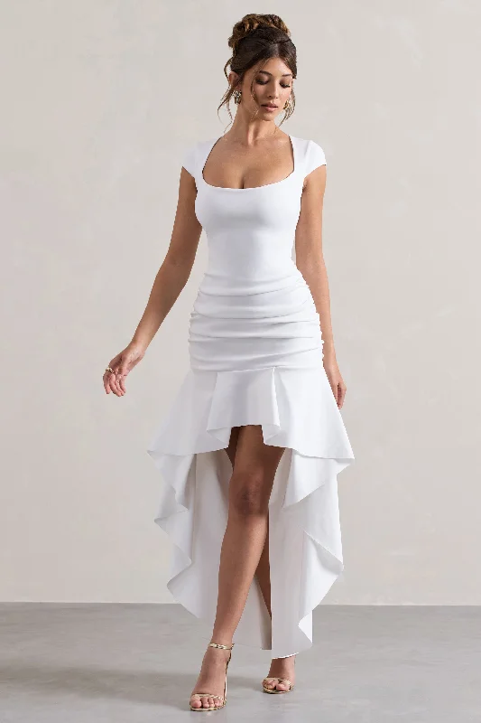 Women's maxi dress loud glow -Parisa | White Ruched Short-Sleeve High-Low Maxi Dress