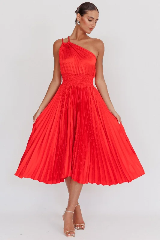 ladies-midi-dress-preppy-poise-Calissa One Shoulder Pleated Midi Dress Red