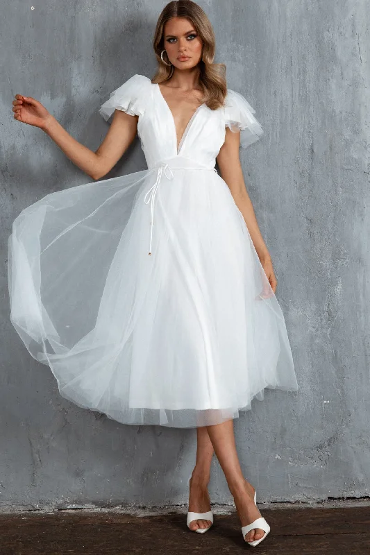 ladies-midi-dress-berry-bloom-Leap Of Faith Frill Shoulder Tulle Midi Dress White