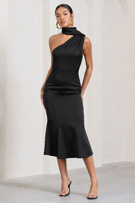 ladies-flared-dress-custom-chic-Golden Girl | Black Satin One Shoulder High-Neck Flared Midi Dress