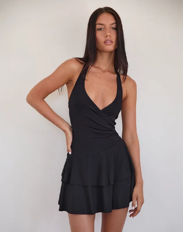 Women's mini dress era flair -Semary Plunge Wrap Mini Dress in Black