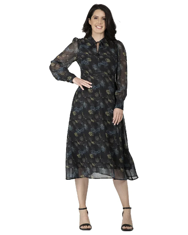 ladies-flared-dress-ruched-rush-Women's Tie-Neck Flared Skirt Maxi Dress | Black Sparkler