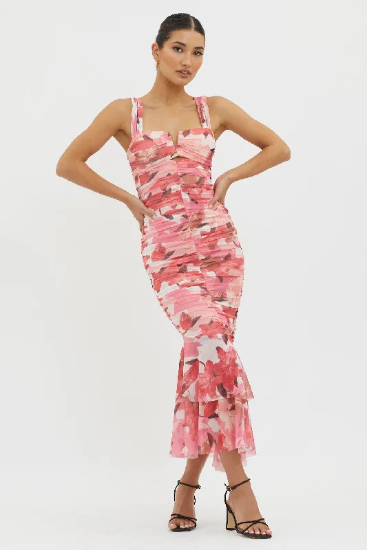 ladies-midi-dress-petite-poise-Nadia Ruched Fishtail Midi Dress Floral Pink