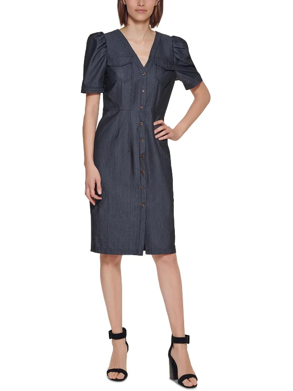 Women's shirt dress hush chic -Petites Womens Woven Puff Sleeves Shirtdress