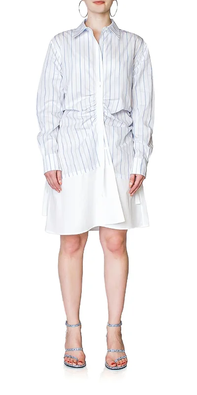 Women's shirt dress cozy glow -Gathered Placket Shirtdress In Pale Blue/white