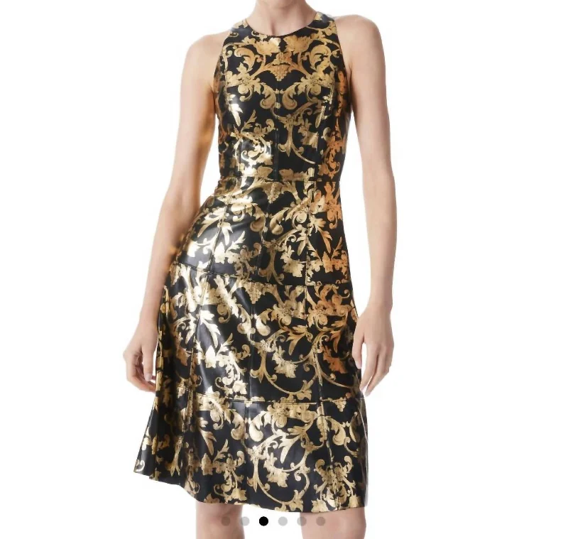 ladies-midi-dress-pleated-prance-Leandra Vegan Leather Midi Dress in Florence Scroll