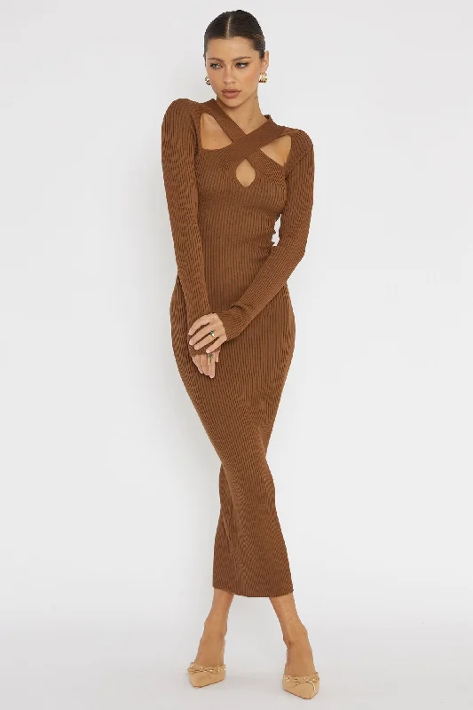 ladies-midi-dress-sheer-shimmer-One Mind Cut-Out Neckline Knit Midi Dress Chocolate