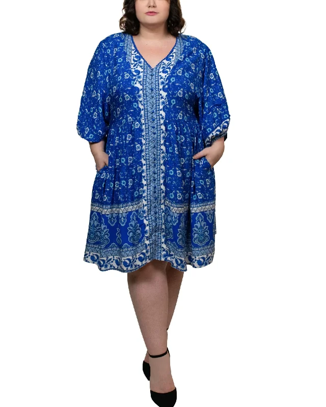 ladies-flared-dress-twirl-tide-Ines Dress Fit Flared V-Neck Twin Print Blue | Blue