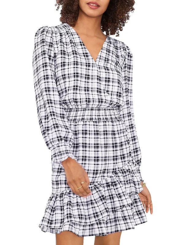 ladies-flared-dress-pink-petal-Womens Plaid Long Sleeves Fit & Flare Dress