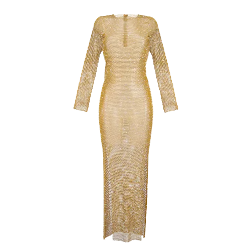 Women's maxi dress buzz chic -Santa Brands Metallic Gold Champagne Splashes Diamond Maxi Dress One Size