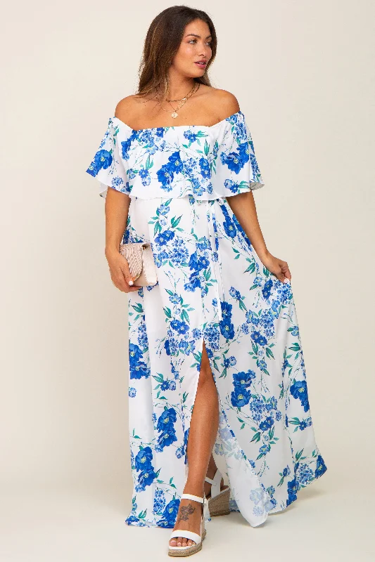 Women's maxi dress snow glow -Blue Floral Overlay Off-Shoulder Side Slit Maternity Maxi Dress