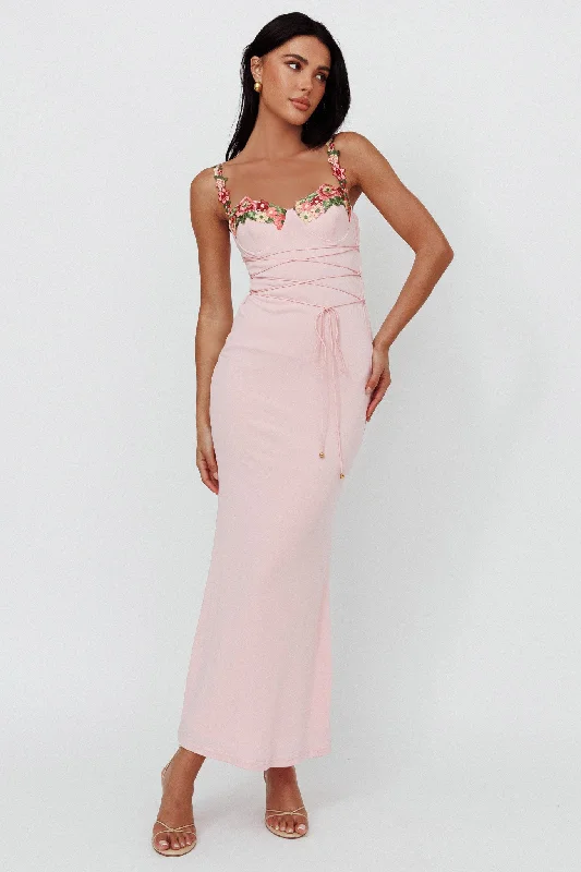 ladies-midi-dress-cold-shoulder-chic-Rose Garden Floral Applique Laced Midi Dress Baby Pink