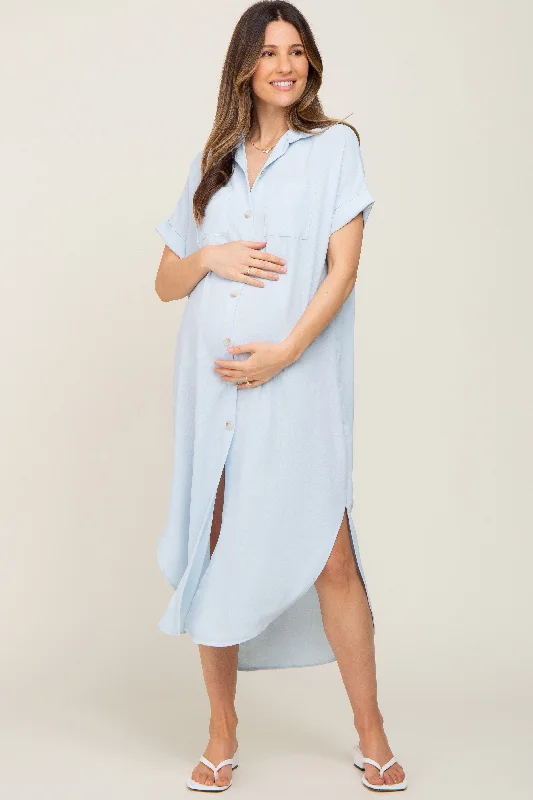 Women's maxi dress flex pop -Light Blue Button Down Hi Low Maternity Maxi Dress