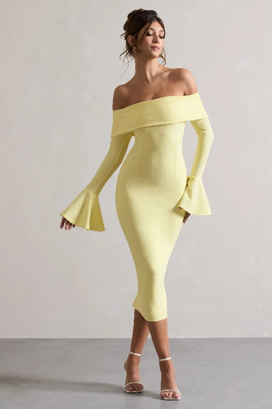 ladies-flared-dress-sunset-sweep-Emma | Lemon Bardot Flared-Sleeve Midi Dress