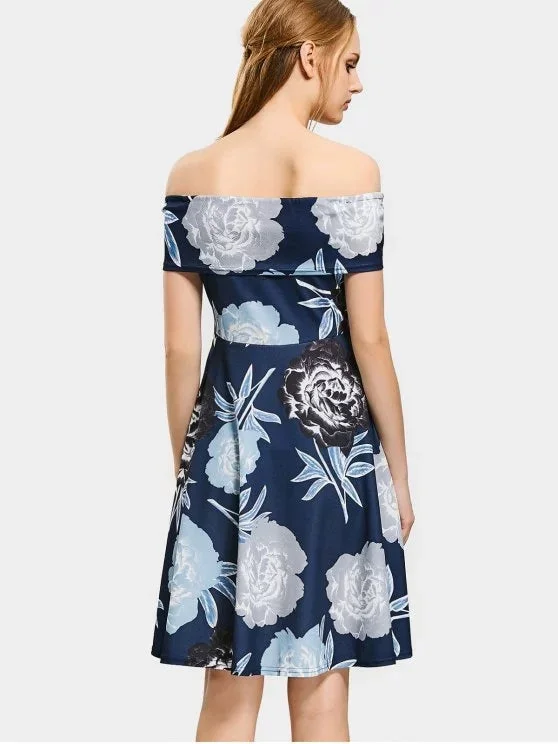 ladies-flared-dress-silver-sweep-TastyHottie - Fun Floral Print Off The Shoulder Flare Dress