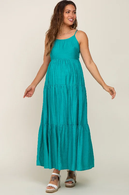 Women's maxi dress frill flair -Green Tiered Maternity Maxi Dress