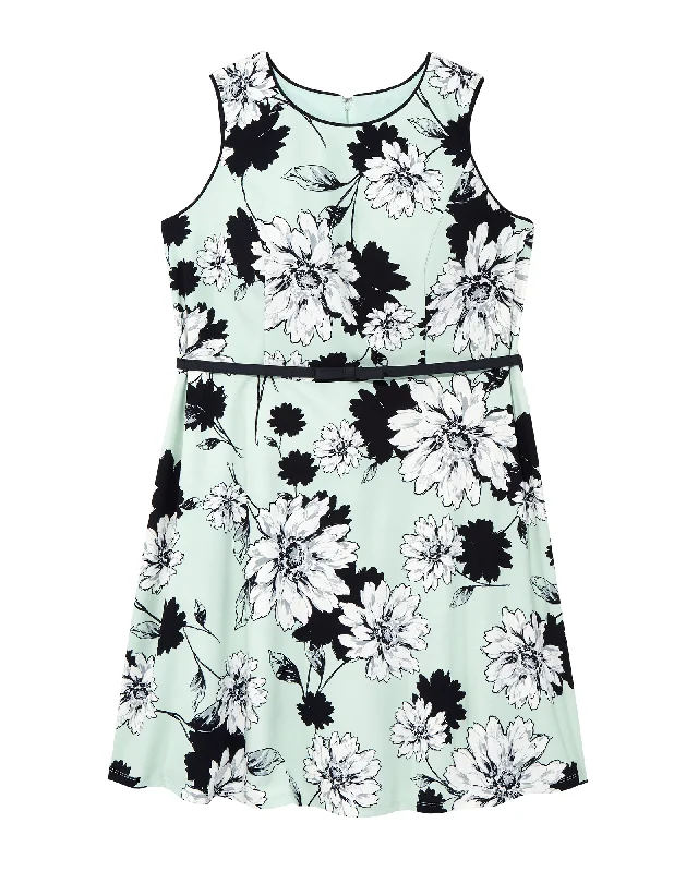 ladies-flared-dress-olive-orchid-Baton Rouge Sleeveless Fit and Flare Dress with Ribbon Belt | Light Blue / White