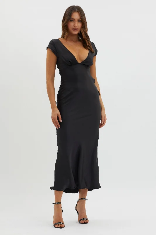 ladies-midi-dress-amber-awe-Lucinda V-Neck Twist Back Midi Dress Black