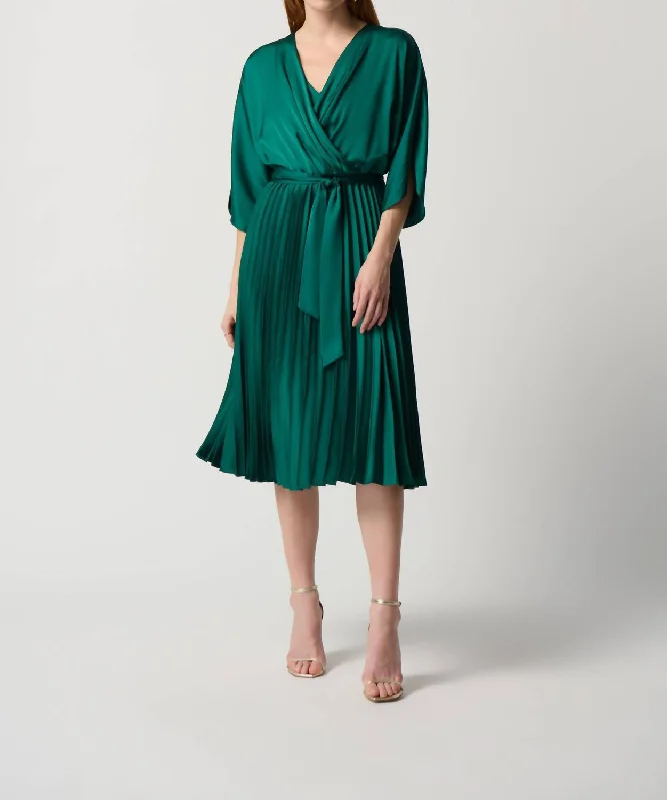 ladies-flared-dress-sophisticated-sway-Satin & Flare Dress With Waist Sash In True Emerald