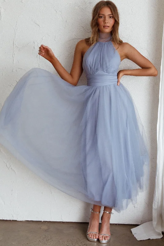 ladies-midi-dress-versatile-vibe-Andria Halterneck Tulle Midi Dress Blue