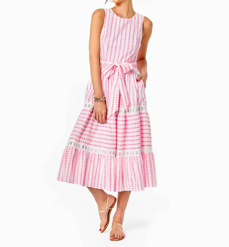 ladies-midi-dress-striped-sway-Maybella Tiered Midi Dress in Gingham Stripe Jacquard