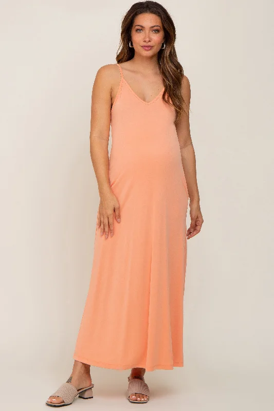 Women's maxi dress amber chic -Peach Sleeveless V-Neck Maternity Maxi Dress