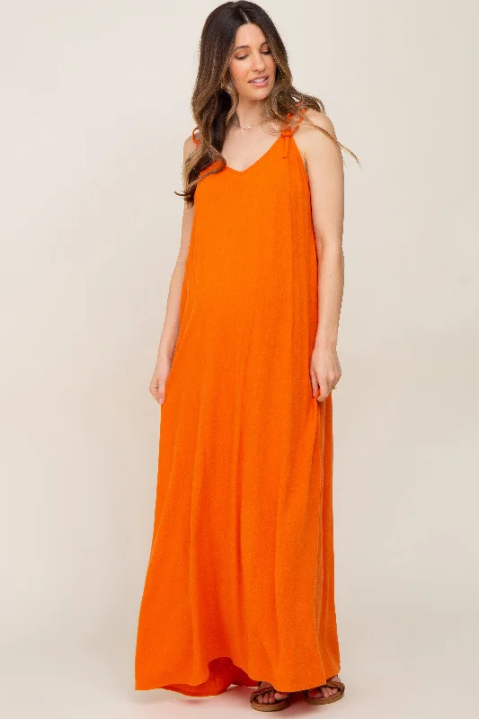 Women's maxi dress wild chic -Orange Linen V-Neck Tie Strap Maternity Maxi Dress