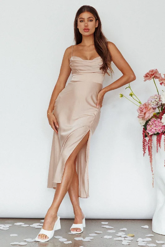 ladies-midi-dress-shimmer-sunset-Giorgette Side Split Midi Dress Champagne