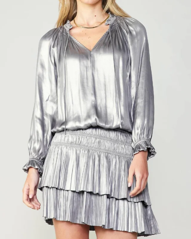 Women's mini dress bead chic -Pleated Long Sleeve Mini Dress In Silver | Silver