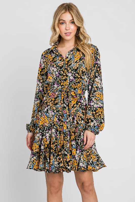 ladies-flared-dress-lilac-luster-Marigold/Black Floral Flare Dress