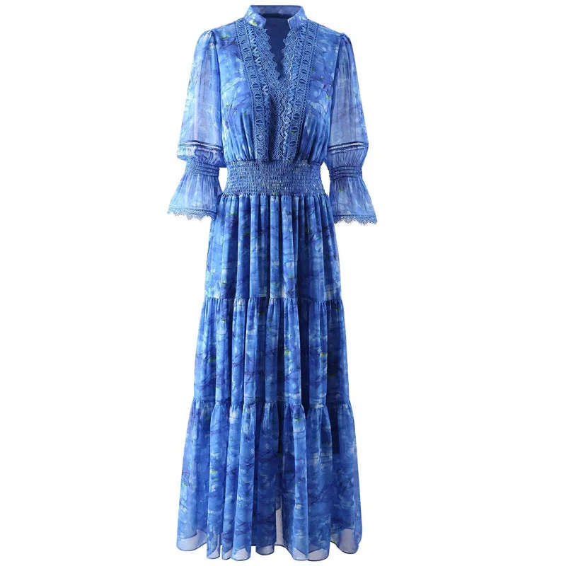 ladies-flared-dress-cocktail-calm-V-neck Blue Printed Flared Short Sleeve Chiffon Dress