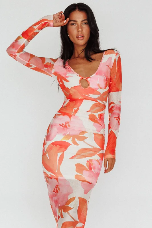 ladies-midi-dress-scoop-sway-Chardae Long Sleeve Mesh Midi Dress Floral Pink