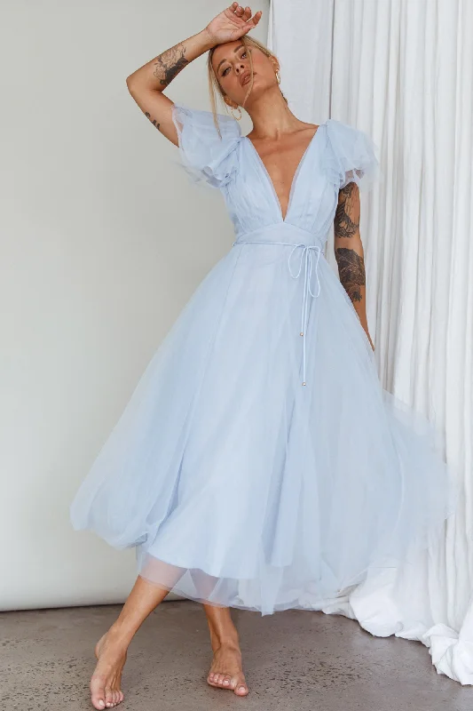 ladies-midi-dress-tie-front-twirl-Leap Of Faith Frill Shoulder Tulle Midi Dress Blue