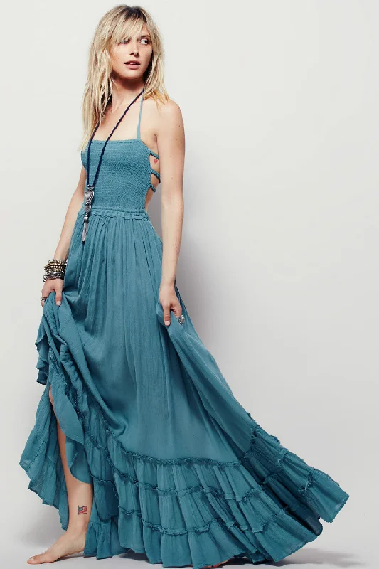 ladies-flared-dress-wine-whisper-Women Boho Halter Dresses Cotton Sexy Backless flared ruffle Long Beachdress