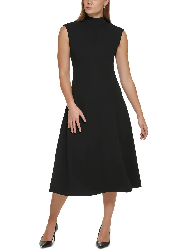 ladies-flared-dress-solid-serenity-Womens Mock Neck Midi Fit & Flare Dress